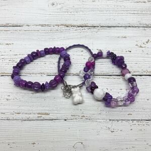 Handmade Friendship Bracelet Set Purple & White Stretch & Leather Bear Charm